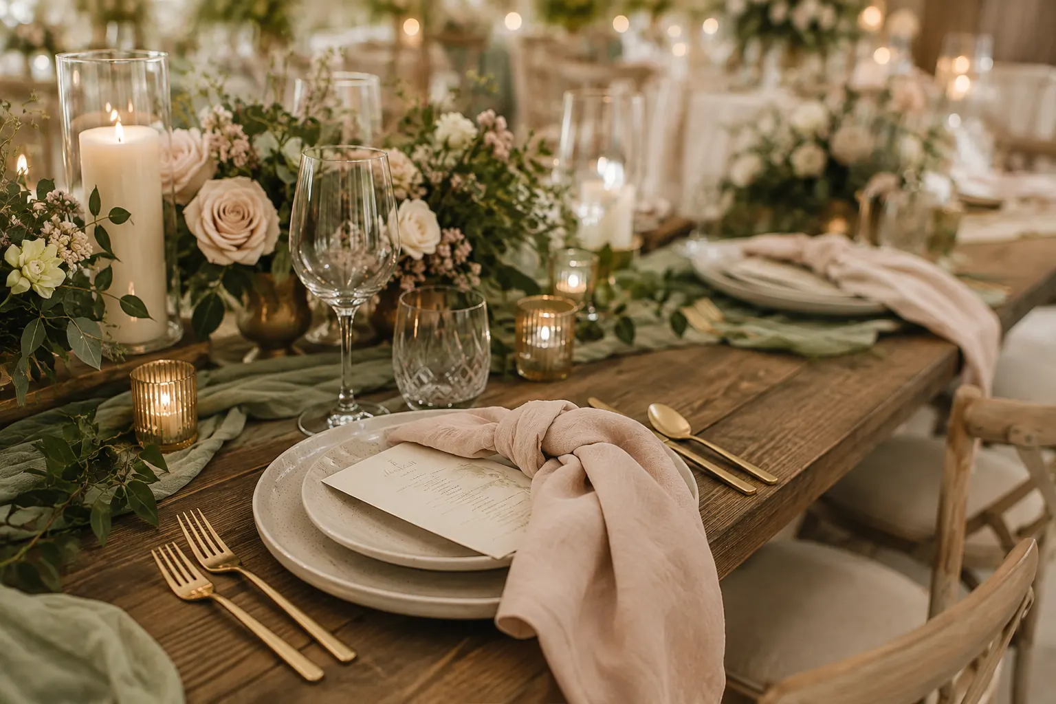 Candlelit wedding tablescape with blush florals and gold flatware